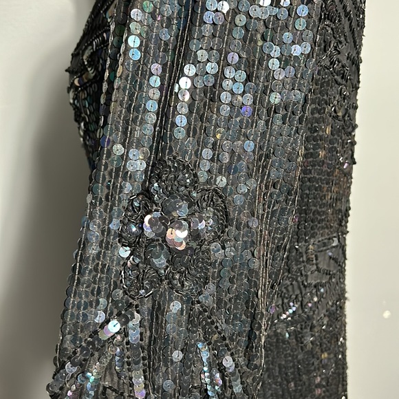 Vintage Silk Sequeen Black Midi Dress with Silk Lining w Slit Made in India M- L - Picture 15 of 17